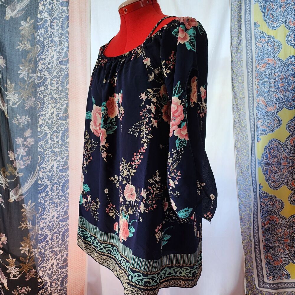 LILYPAD Blue Floral Off the Shoulder Long Tunic Blouse Split Sleeve Size L - Picture 4 of 7